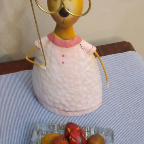 Metal rabbit and 10 hand-painted wooden eggs like new