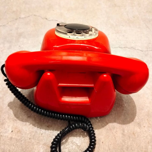 Tesla red analog rotary phone used, vintage 1973