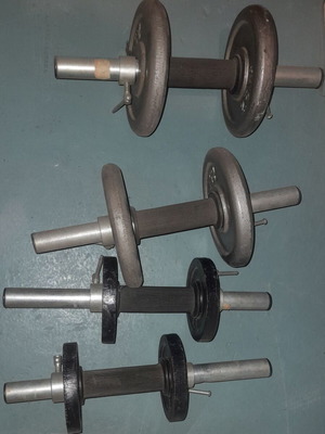 Adjustable dumbbell set used, 14kg plates with 4 bars