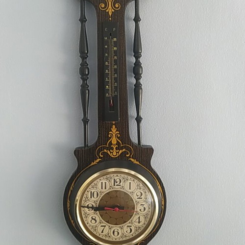 Vintage hanging clock with thermometer, hygrometer and compass