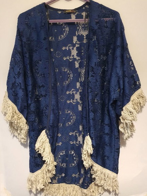 Lace cardigan Be You blue with white fringes like new