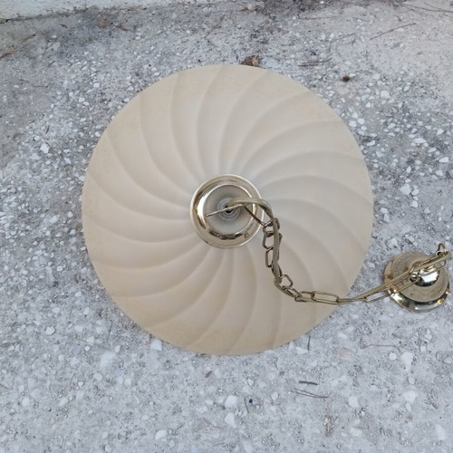 Glass ceiling light with 2 lamps, like new, ecru color, brass base
