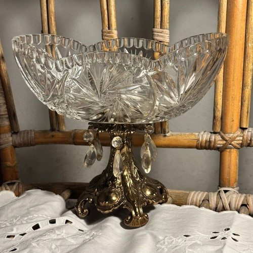 Crystal Fruit Bowl with Gold Base and Crystal Drops like new