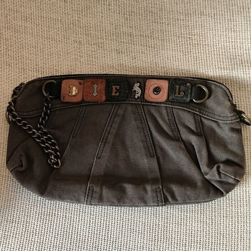 Diesel cotton jean clutch bag with leather patches and chain like new