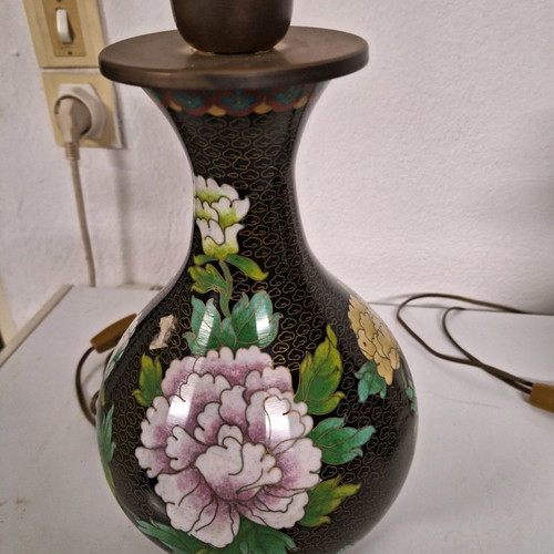 Pair of used cloisonné lamps 37 cm with enamel and wooden bases