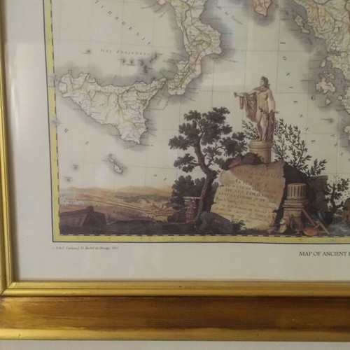 Engraving map of Greece vintage, like new, colored with frame