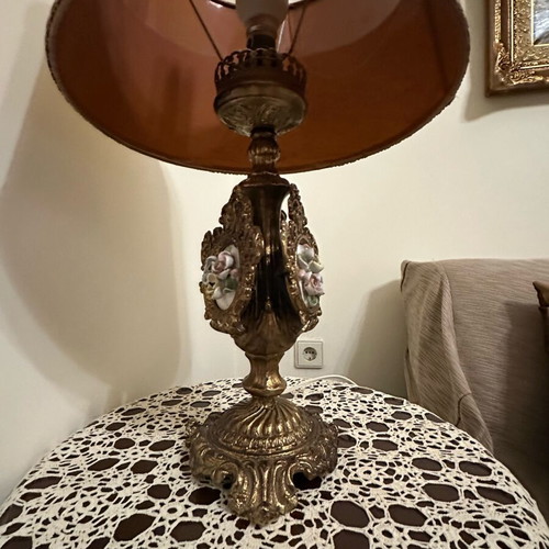 Vintage table lamp used with bronze base and fabric shade