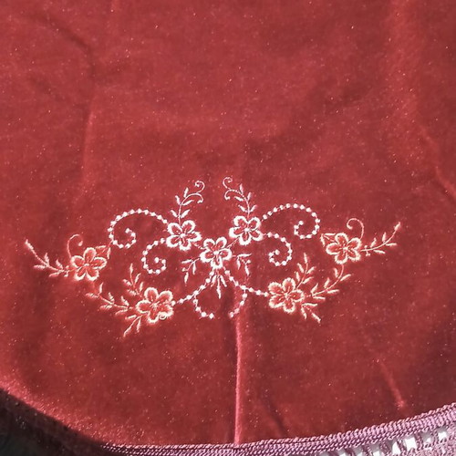 Velvet round tablecloth vintage 1.50m, burgundy with embroidery