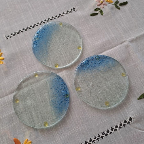 Handmade glass coasters set of 3 with sea bubble effect, new