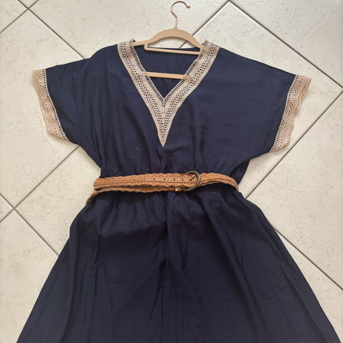 Summer dress blue with beige crochet detail, like new