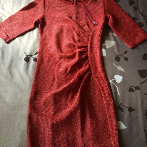 Boutique red boucle dress with asymmetric zipper and drapery, size M