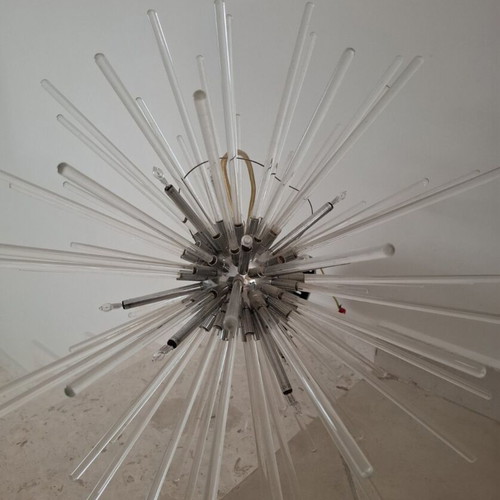 Sputnik style pendant lamp used, metal and glass chandelier