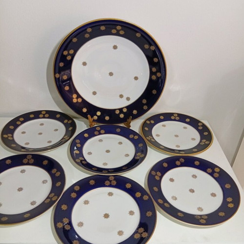 Vintage Weimar Germany Cobalt Blue and Gold Pasta Set, 7 Pieces