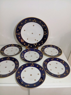 Vintage Weimar Germany Cobalt Blue and Gold Pasta Set, 7 Pieces