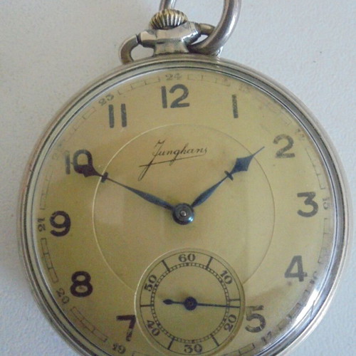 Junghans vintage pocket watch used, men's, beige and silver