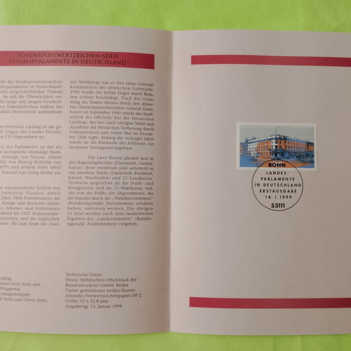 German 1999 stamp with Bonn first day cover, unsealed block