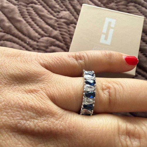Silver full band ring with blue and white zircons, new