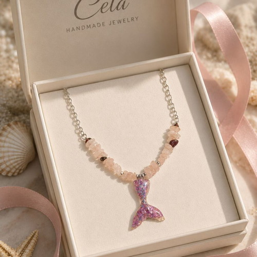Handmade Necklace with pink quartz, hematite, shell, stainless steel silver chain, mermaid tail