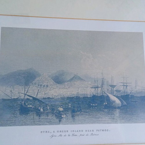 Vintage Syros lithograph engraving in wooden black lacquer frame