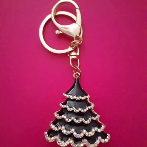 Keychain bag new, black Christmas tree with rhinestones
