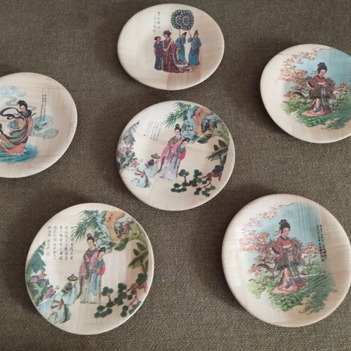Vintage bamboo decorative plates set of 6, 11cm, like new