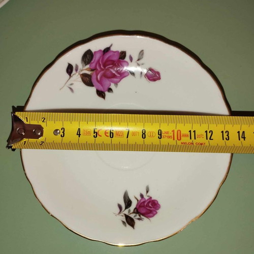 Vintage porcelain cup and saucer set with fuchsia roses
