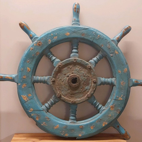 Vintage wooden ship wheel rustic nautical wall decor, used