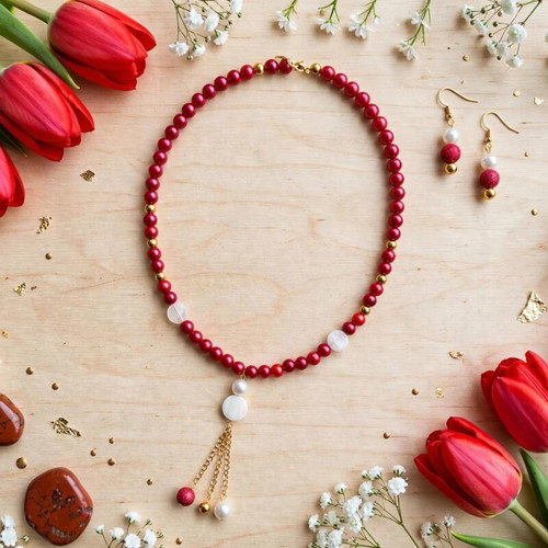 Red Tassel Boho Long Necklace and Earrings Set new
