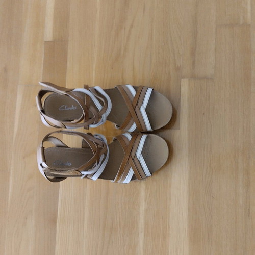 Clarks women's platform sandals, brown and white