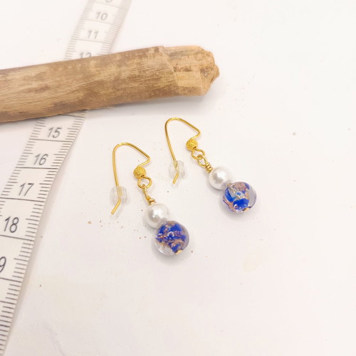 Handmade earrings with cobalt Murano glass beads and white pearls gold plated new