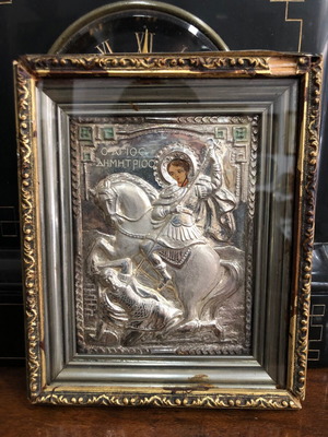 Silver icon of Saint Demetrios old used 14x17 cm