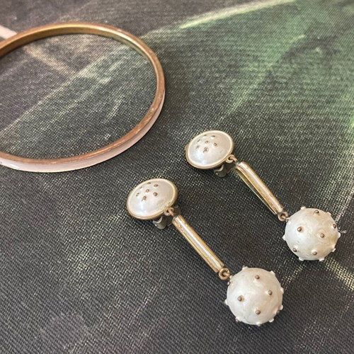 Antique French jewelry set used, clip earrings and enamel bracelet