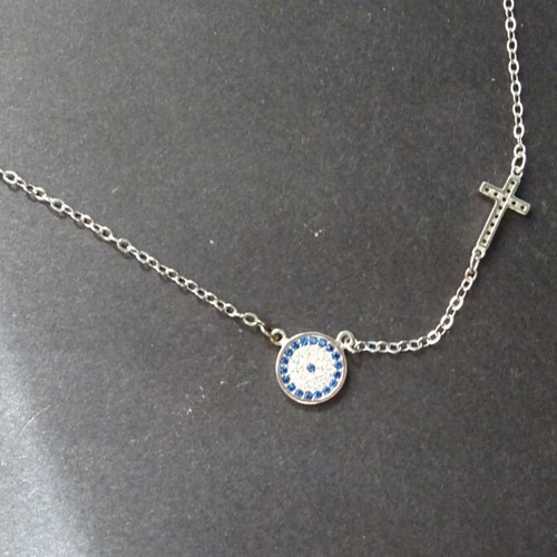 Silver 925 Necklace with Cross and Evil Eye New