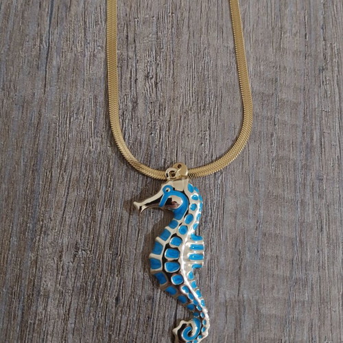 Summer necklace gold steel with embossed blue seahorse like new