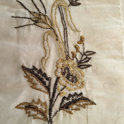 Vintage Gold Embroidered Fabric Satin Shantung Unused