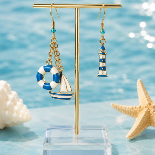 Handmade Asymmetric Earrings Sailing Trip with Sailboat, Lifebuoy & Lighthouse