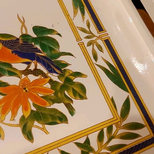 Wooden serving tray white lacquer with exotic design, like new