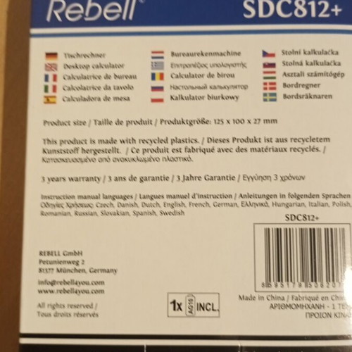 Rebell SDC812+ Calculator new with 12-digit display and 3-key memory