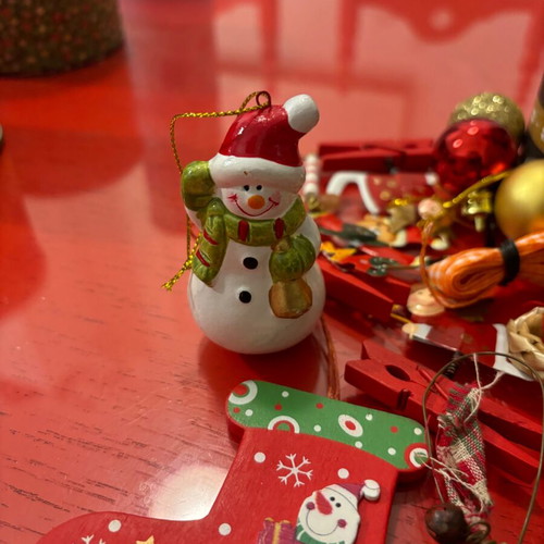 Box with Christmas decorations like new