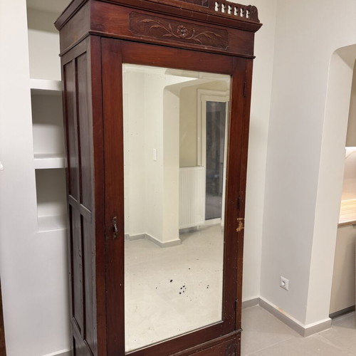 Vintage wooden single-door wardrobe with large mirror