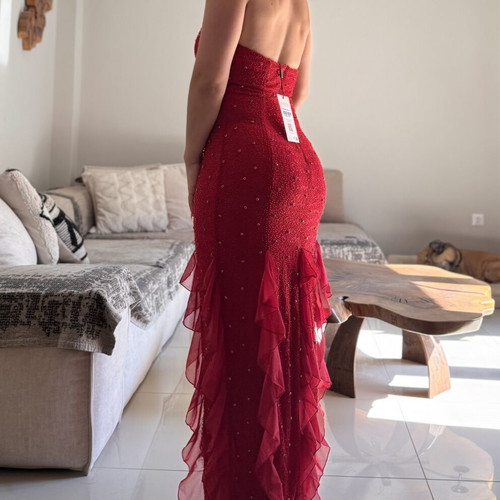 Oh Polly Embellished Halter Neck Ruffle Maxi Dress red, new, size 12