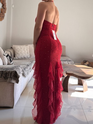 Oh Polly Embellished Halter Neck Ruffle Maxi Dress red, new, size 12