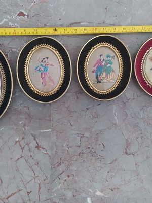 Vintage embroidered framed set of 4 used, velvet with gold decoration