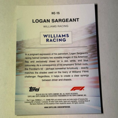 2024 Topps Chrome Formula 1 Logan Sargeant Helmet Collection like new