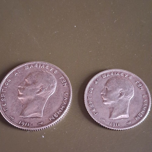 Greek Silver Coins 1911 King George I 1 & 2 Drachmas used