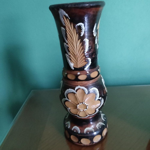 Vintage vases used, set of 2 handmade, carved and painted