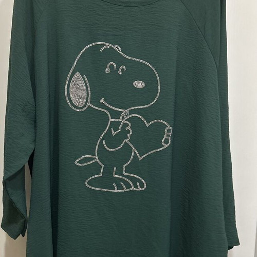 Maxi oversize blouse tunic with Snoopy print, dark green