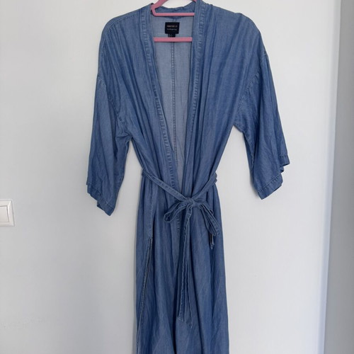 Denim kimono size S like new, blue, dress with side slits and belt