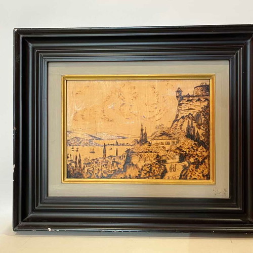 Vintage pyrography wall art of Peloponnese signed, used 39x47