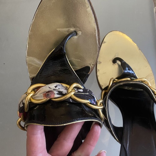 Rollini patent leather sandals with gold chain details, like new